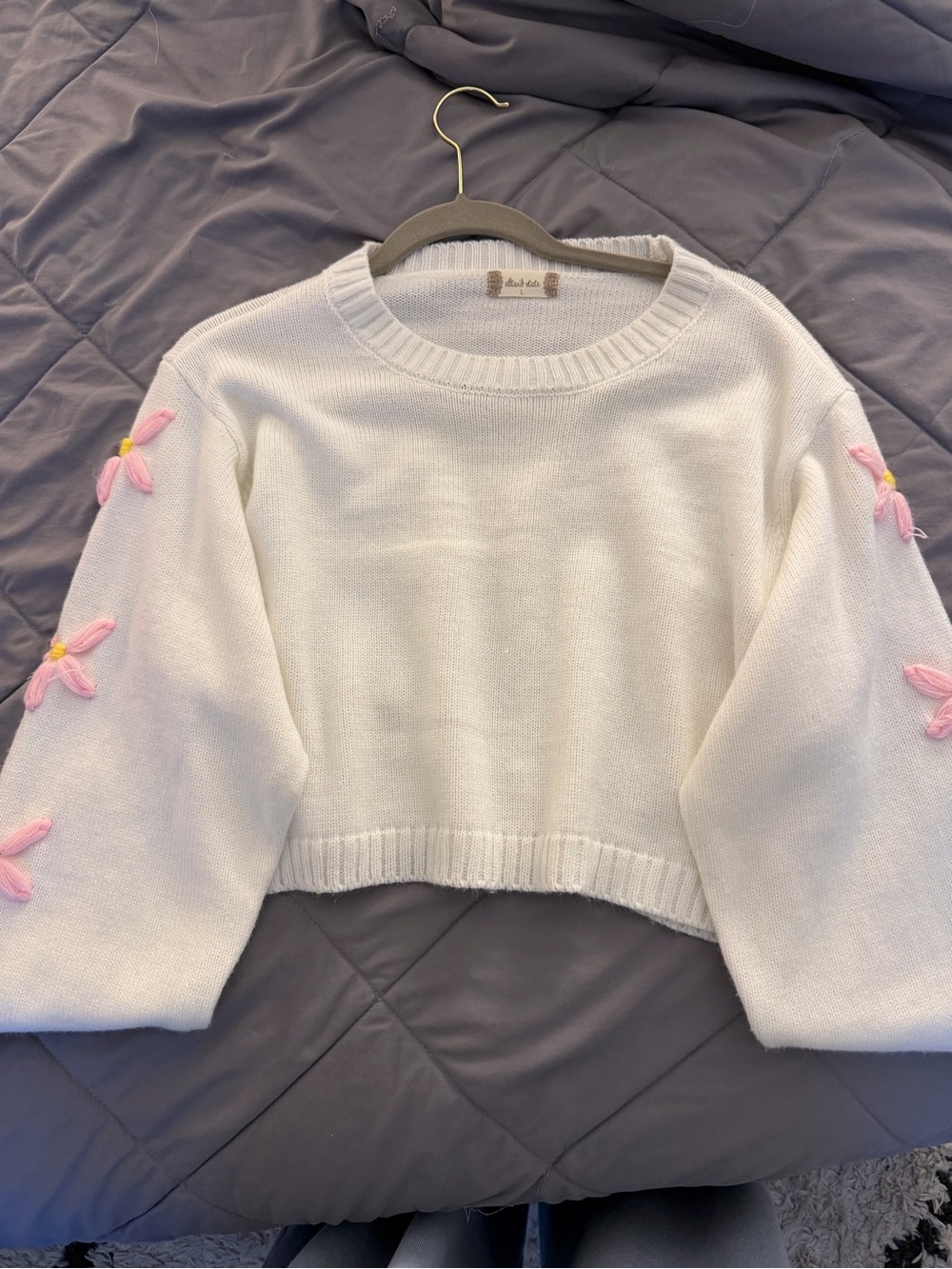 Altar'd State White Cropped Crewneck Sweater with Pink Floral Appliqués